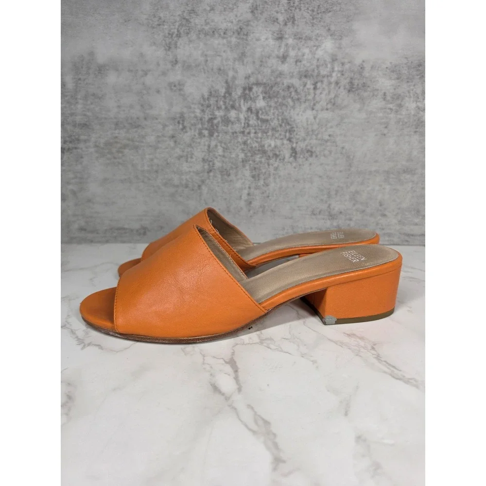 Eileen Fisher Womens Orange Leather Block Heel Slide Sandals 9.5 Chic Minimalist